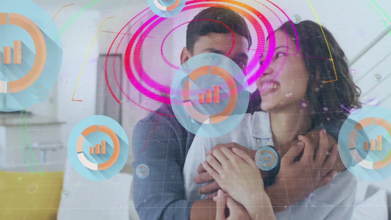 animación del procesamiento de datos financieros sobre personas de negocios tres auriculares