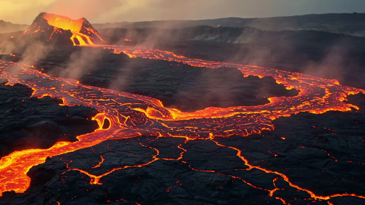 Eruzione maestosa: catturando la potenza e la bellezza della lava fusa che scorre lungo un paesaggio vulcanico al crepuscolo.