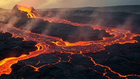 majestic eruption: capturing the power and beauty of molten lava flowing down a volcanic landscape at dusk