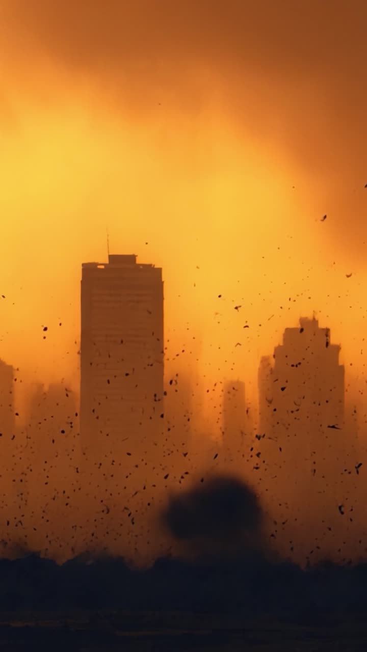 Paisaje urbano dramático: Edificios silueteados contra un inquietante cielo naranja con escombros flotantes y textura atmosférica capturados con luz cambiante