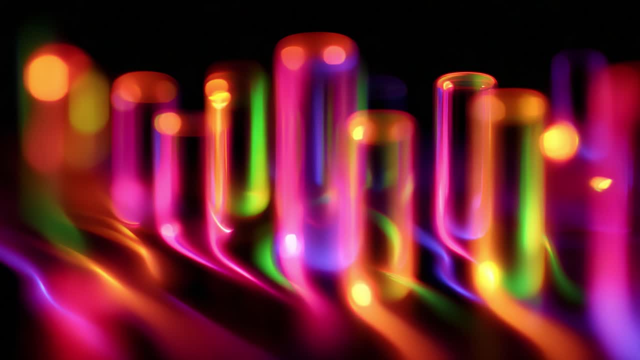 Et dynamisk display af iriserende cylindre mod en mørk baggrund, der viser en fascinerende gradient af farver og bløde lysrefleksioner, som skaber en fortryllende visuel oplevelse