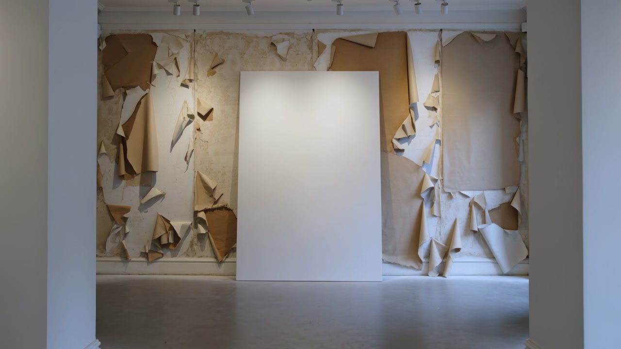 Advancing camera reframing white panel in gallery, revealing torn paper wall under track lighting