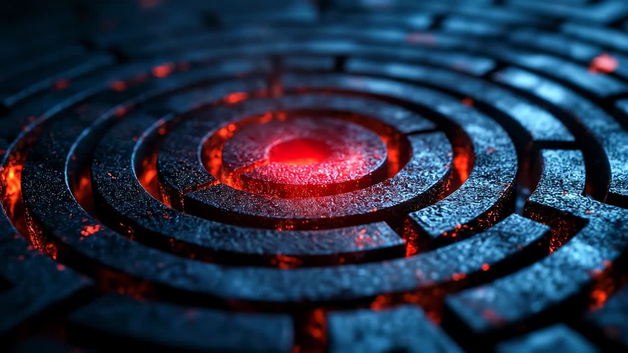 Maze with glowing center in dark setting. A circular maze made of stone has a glowing red light at its center. The walls of the maze are dark and textured