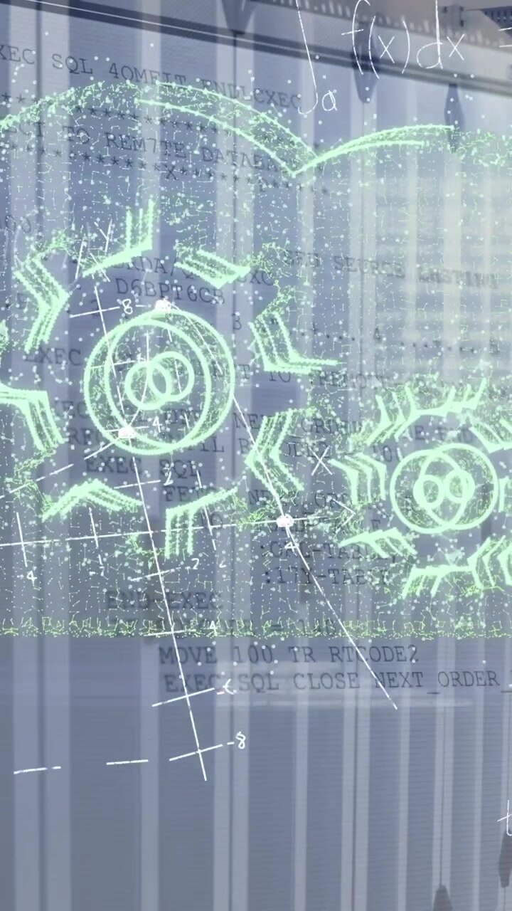 Animation of cloud and cog wheels with mathematics formulas over data servers in room