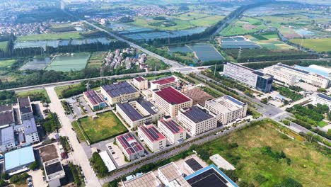 aerial view of an industrial park in rural china with solar panels