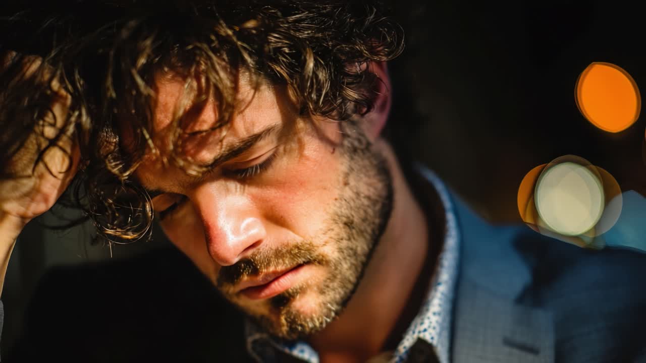 Momento Contemplativo: Un hombre sumido en profundos pensamientos, bañado en luz suave con un fondo difuminado, resaltando la reflexión emocional y la introspección.