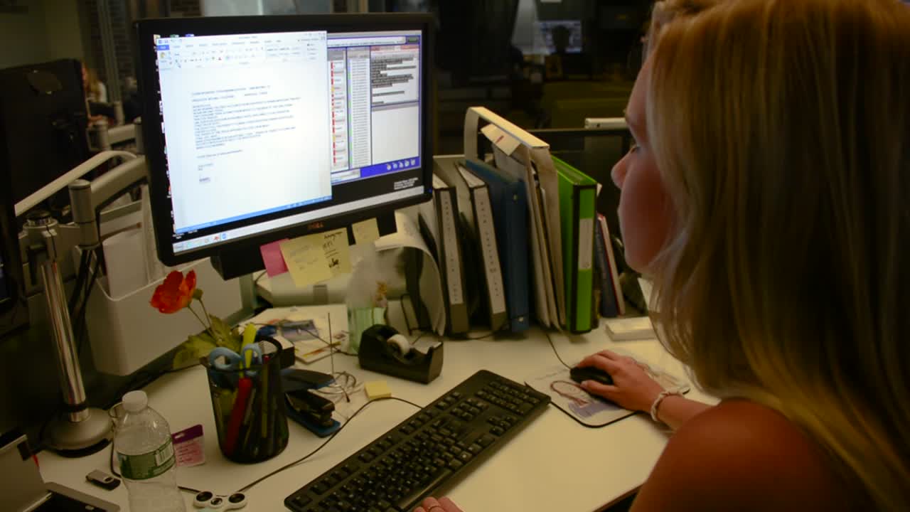 симпатичная блондинка работает за столом на компьютере