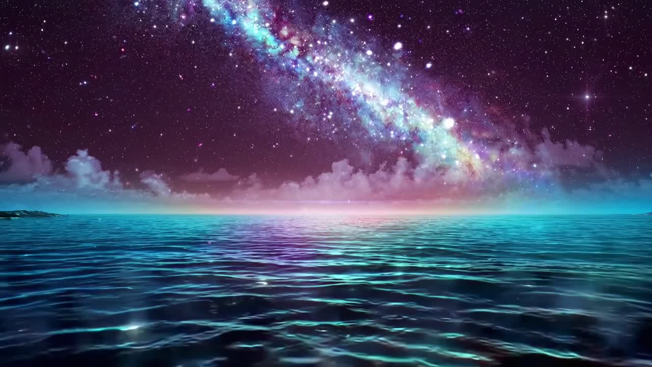 Stunning cosmic seascape video with a low-angle view of the Milky Way over calm ocean waters