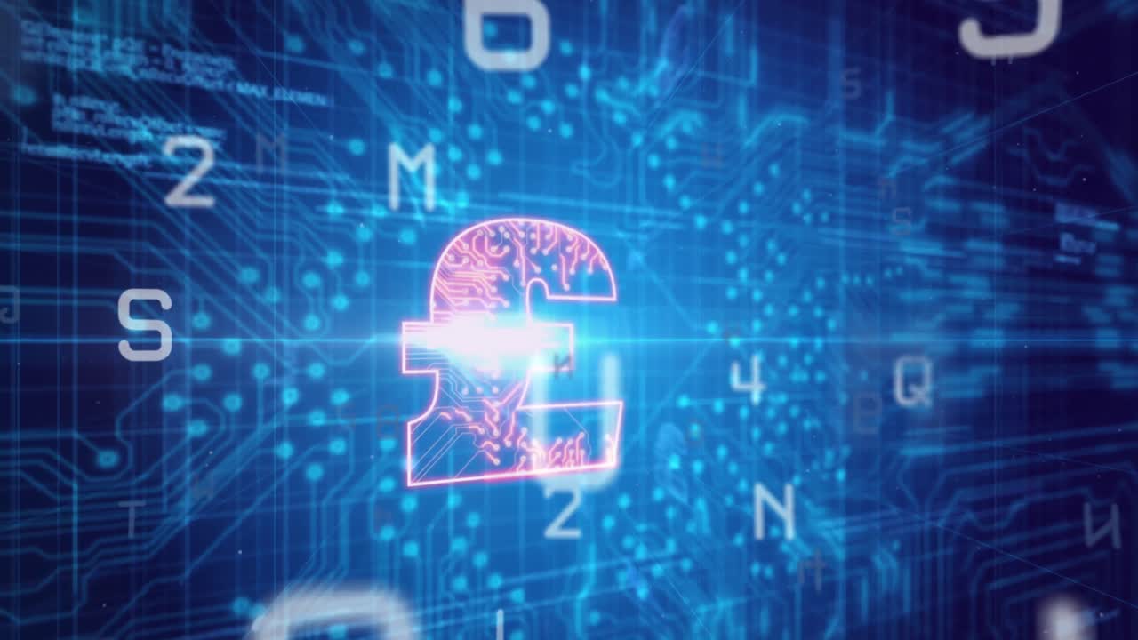 animación de números y libras sobre fondo azul con circuito integrado