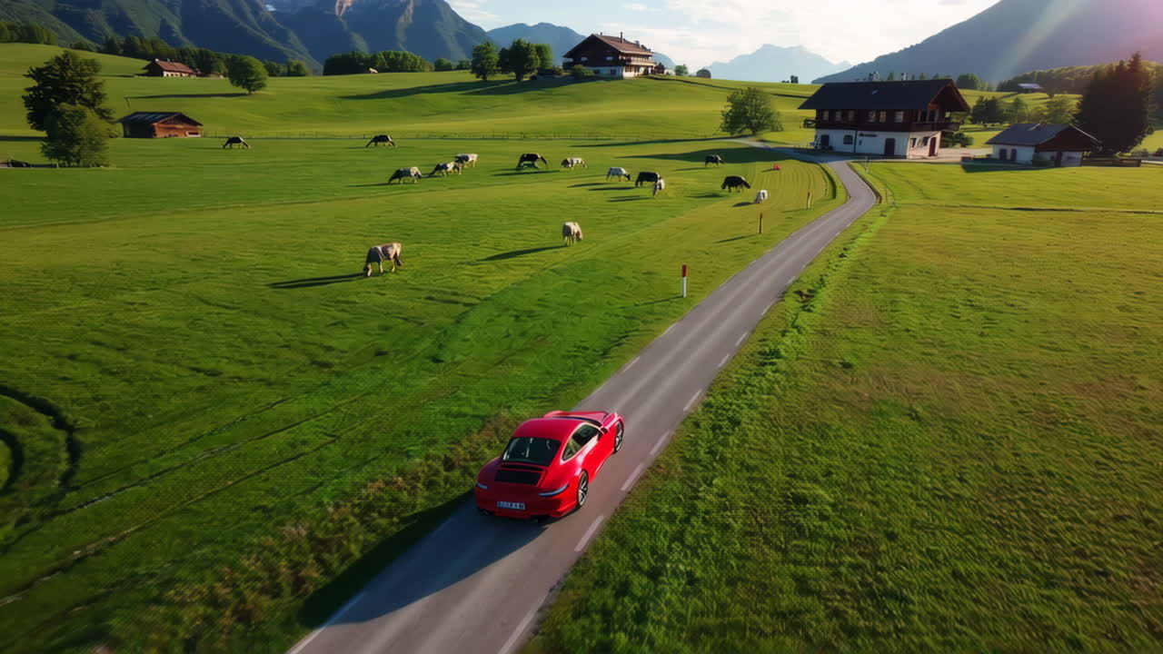 Red Car on a Country Road in the Swiss Alps