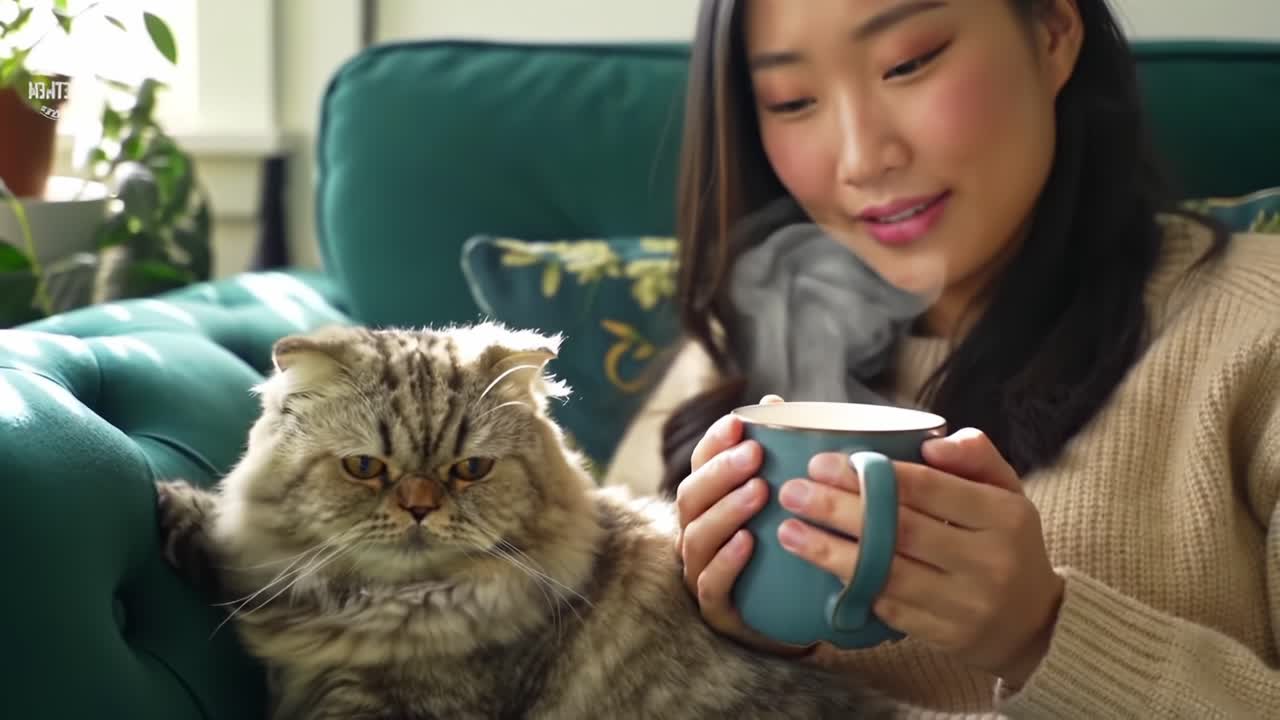 A Cozy Moment: A Woman Enjoys a Warm Beverage While Snuggling with Her Fluffy Cat, Creating a Serene Atmosphere for Relaxation and Joy