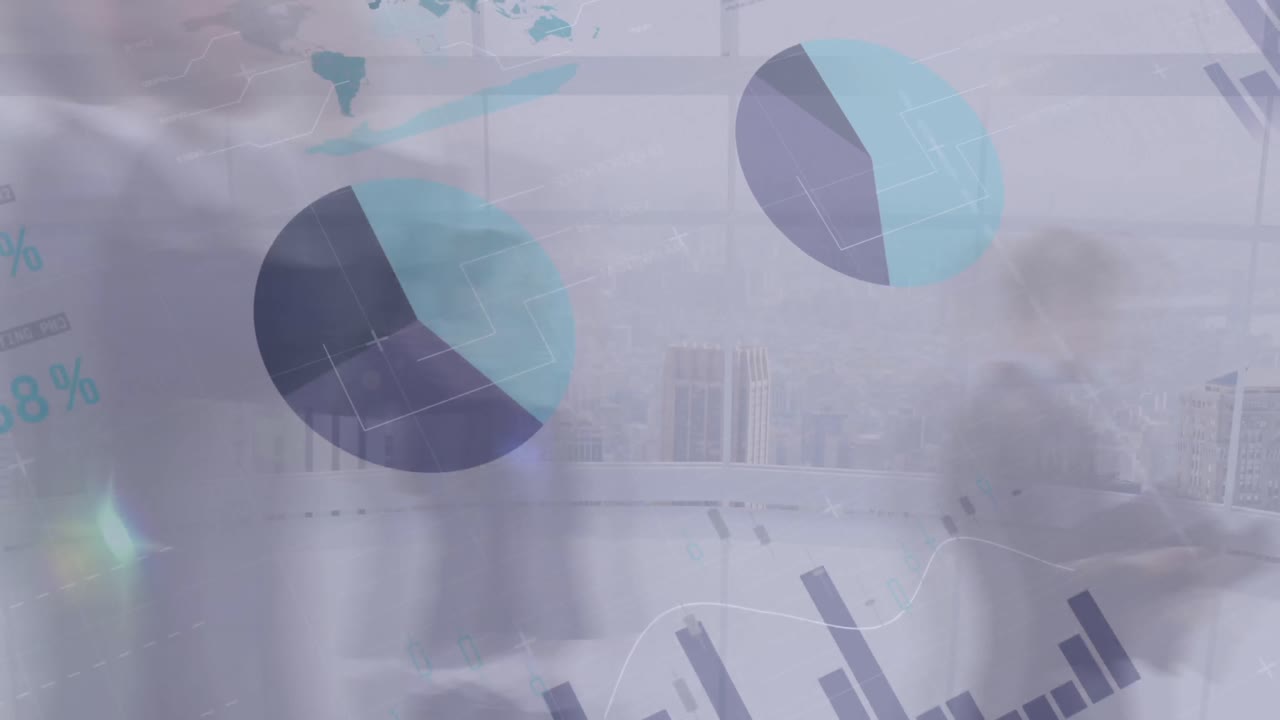 caminando personas con datos financieros en el fondo 4k