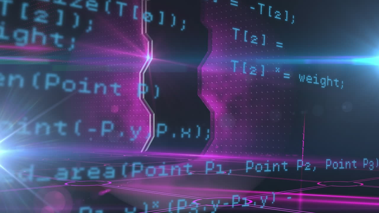 animación digital de puntos de luz y procesamiento de datos contra un fondo púrpura