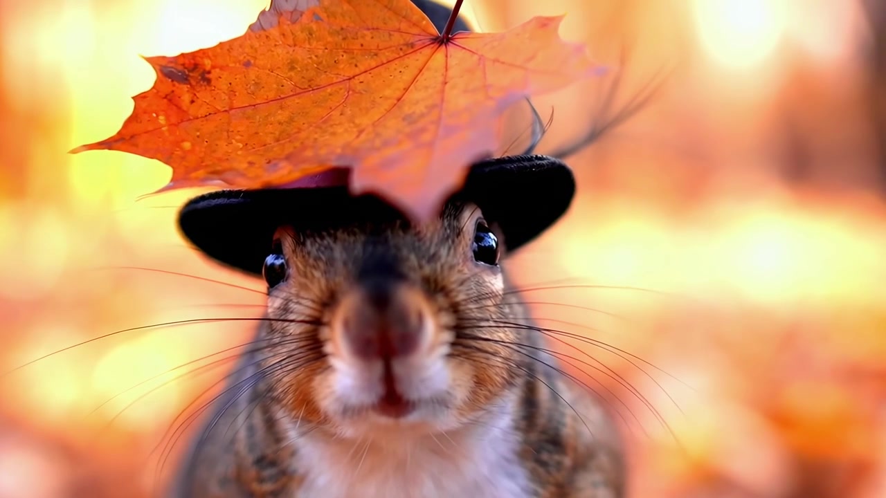 Primo Piano di un Simpatico Scoiattolo con un Piccolo Cappello a Cilindro in Autunno
