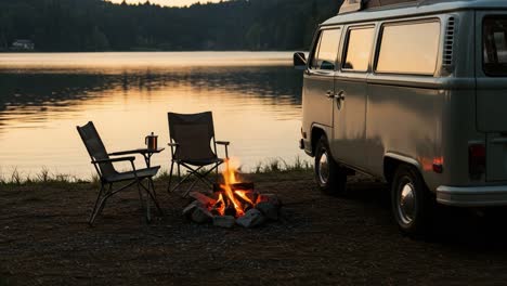 a serene evening by the lake: enjoying a cozy campfire and vintage van adventure amidst nature's beauty and tranquility