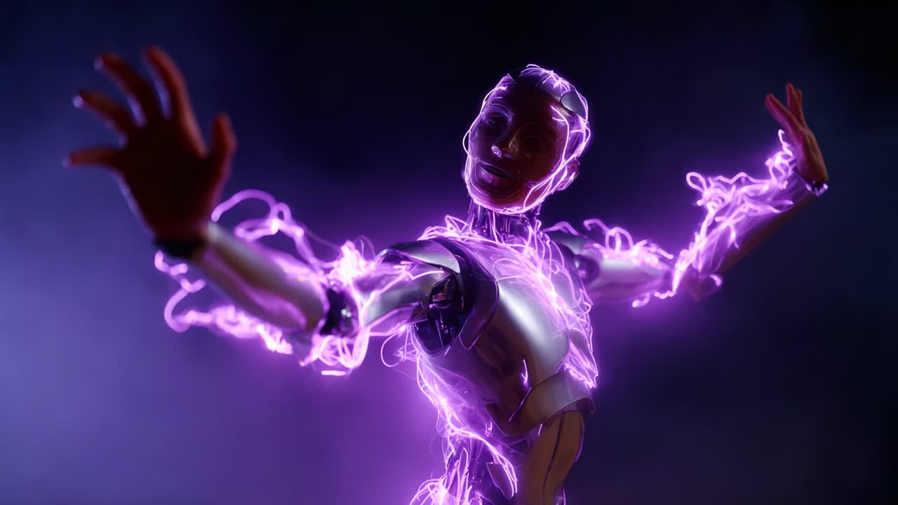 Robot umanoide futuristico che mostra energia luminescente con motivi elettrici viola, incarnando una fusione di tecnologia, arte ed espressione dinamica in un ambiente scuro