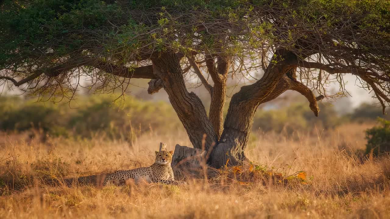 Hearing distant rustle, lone cheetah lifting head under gnarled tree in savanna, scanning horizon