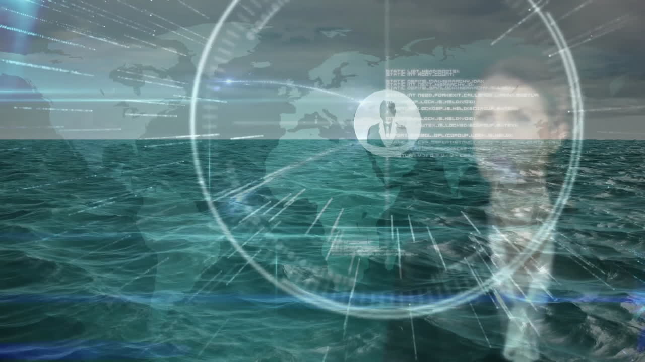 Digital interface animation over ocean waves with abstract human icons and maps
