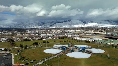 vinyard, utah park aerial hyper lapse cloudscape in winter