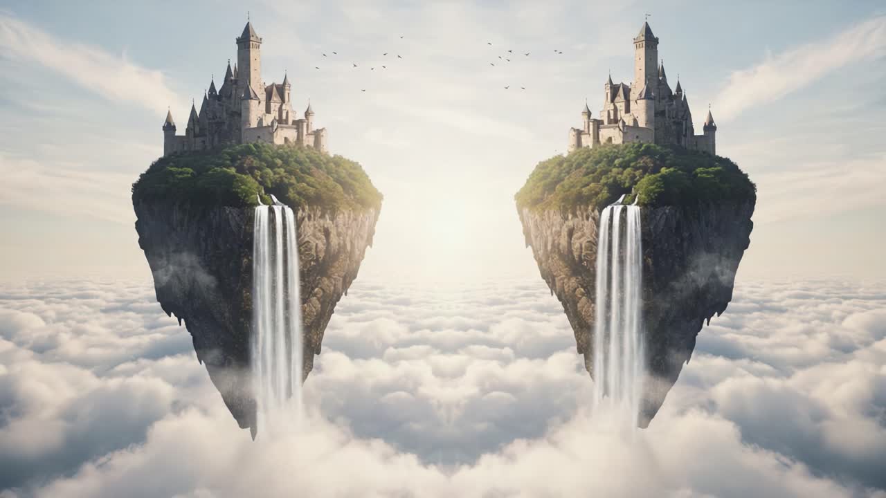Majestic Floating Castle Surrounded by Cascading Waterfalls Amidst the Clouds, Capturing the Essence of Fantasy and Adventure in a Dreamlike Landscape