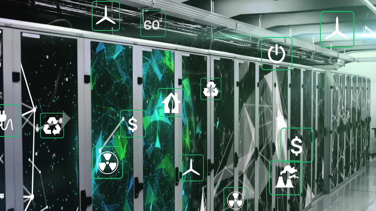 animación de iconos ecológicos y procesamiento de datos a través de servidores informáticos.