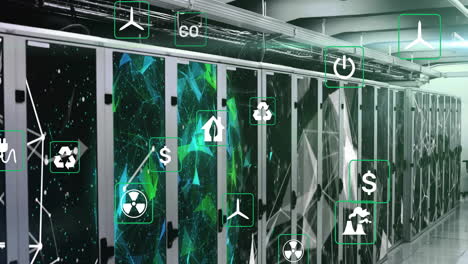 animation of eco icons and data processing over computer servers