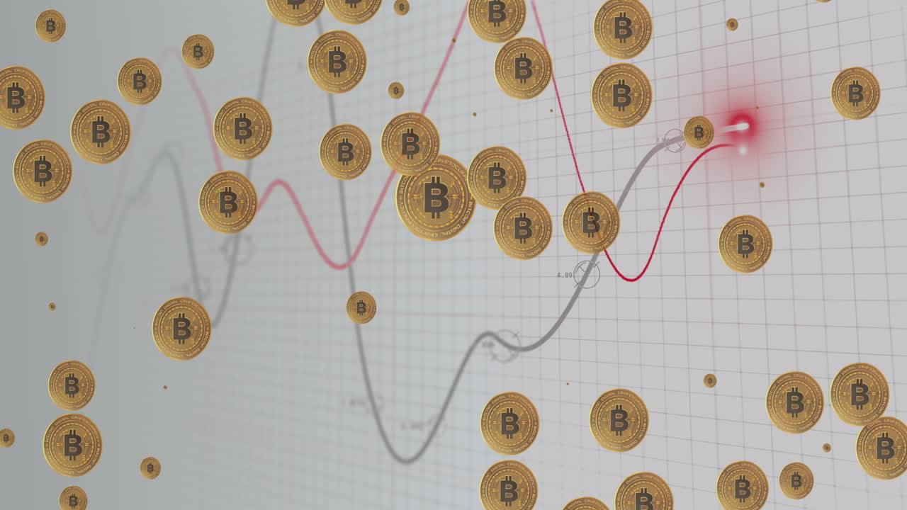 animación de bitcoins sobre un gráfico sobre un fondo gris