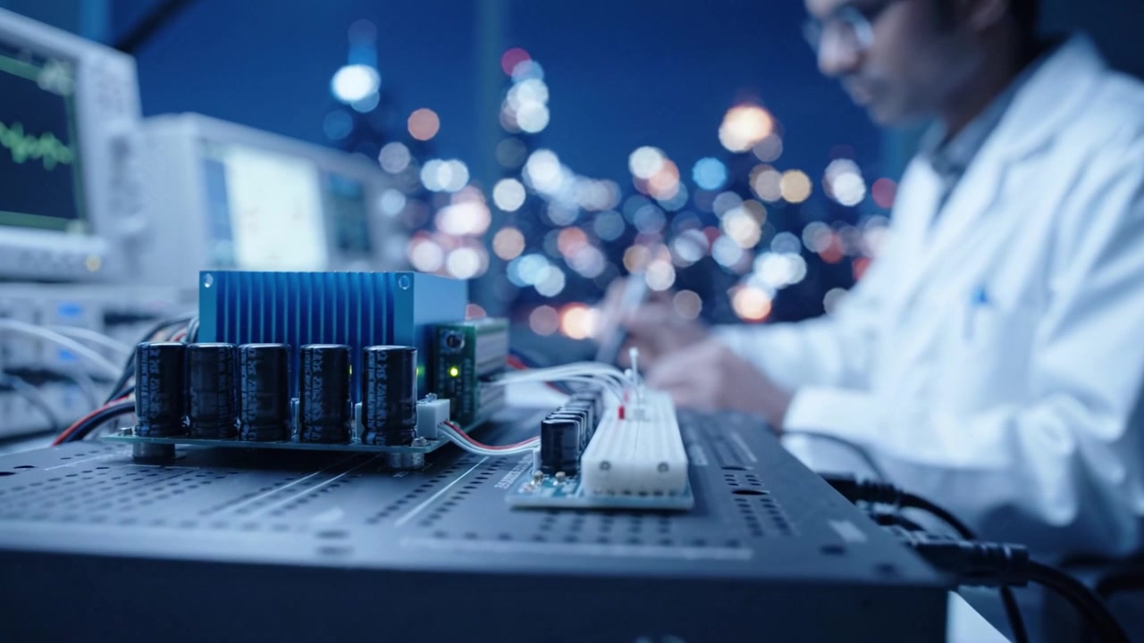A researcher focuses on advanced technology while analyzing data in a lab at night, with high-tech equipment and a city skyline illuminated in the background.