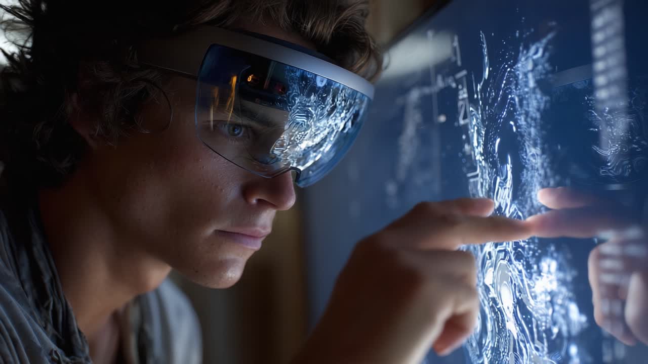 Esplorando la frontiera digitale: un individuo concentrato impegnato con la tecnologia interattiva attraverso innovativi occhiali per la realtà aumentata in un ambiente ad alta definizione.