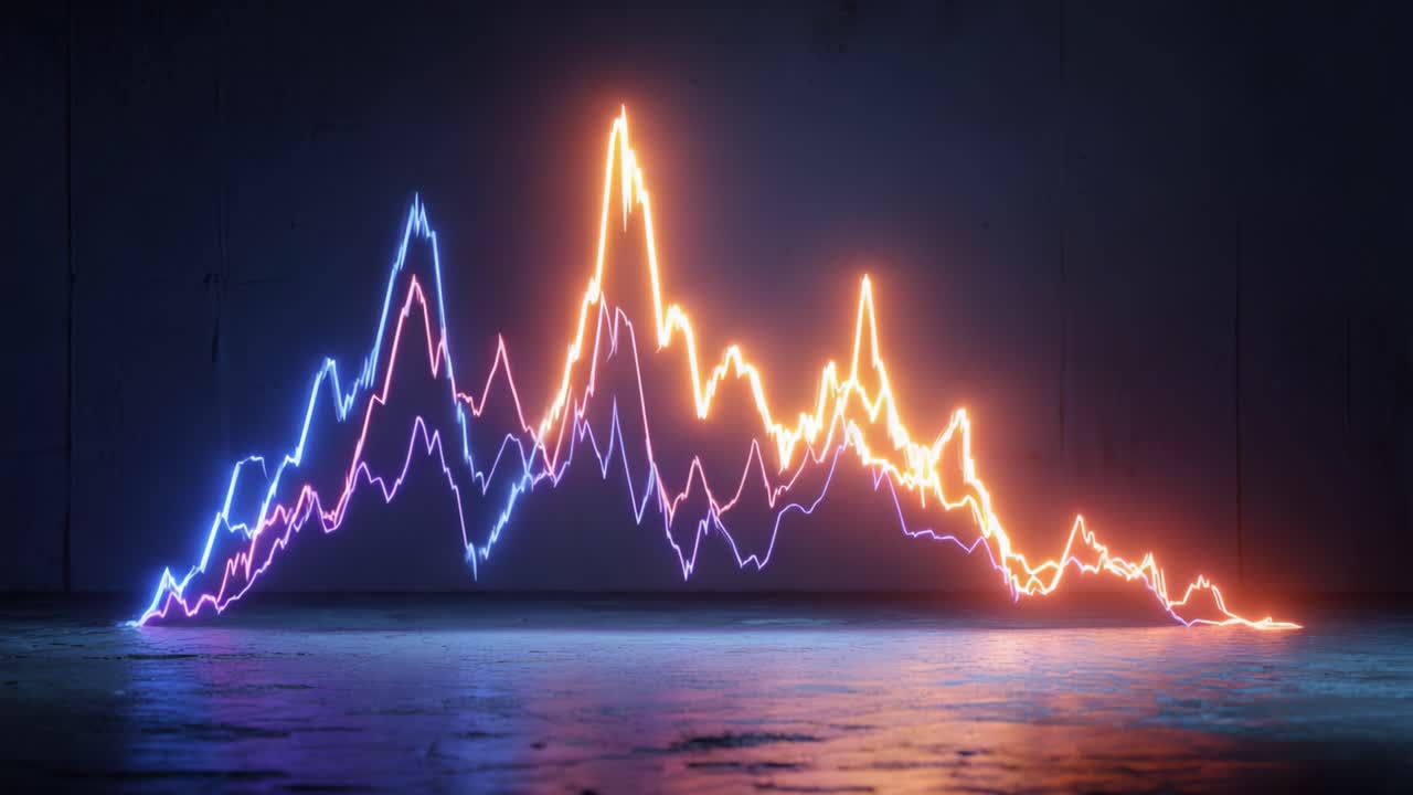 Linee grafiche al neon colorate e luminose che rappresentano le fluttuazioni dei dati finanziari su una superficie riflettente in cemento. La moderna animazione 3D visualizza l'andamento del mercato azionario. Analisi dei dati e indicatori economici.