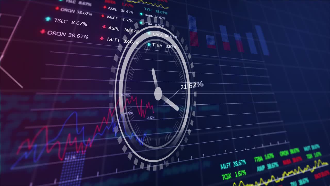 Animazione di un orologio su una griglia animata di elaborazione dati.