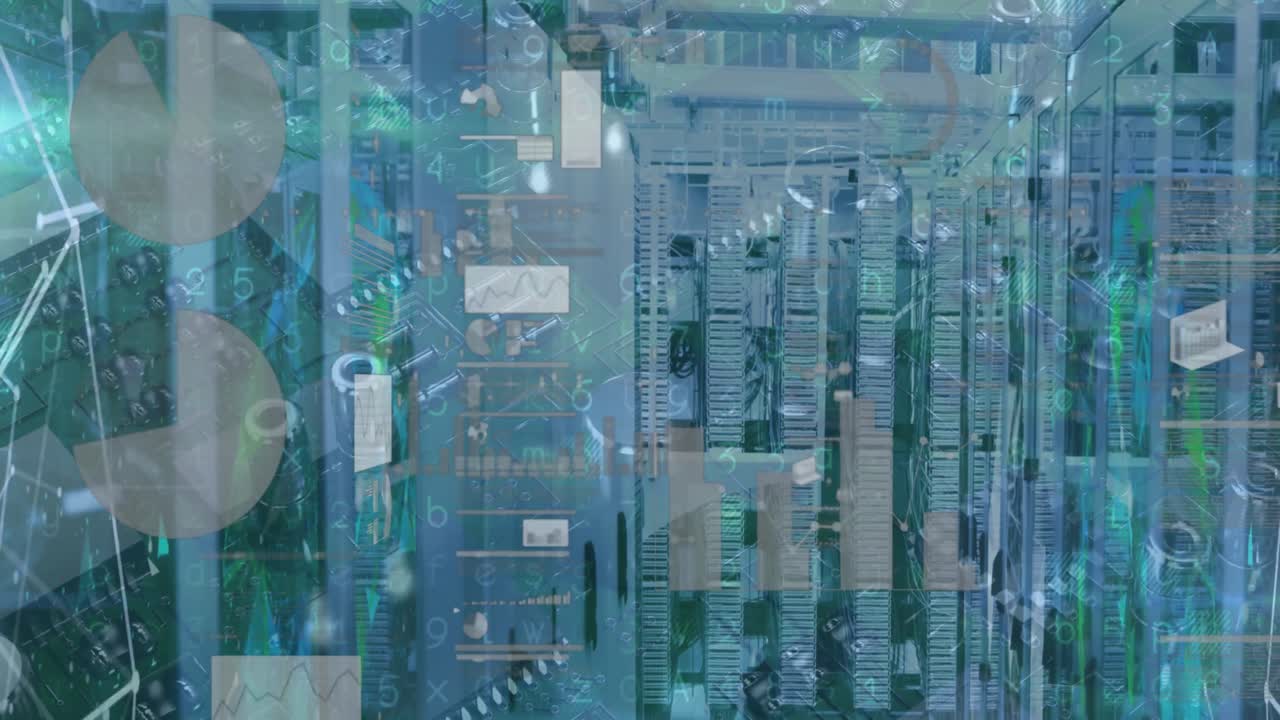 Animation of financial data processing over server room