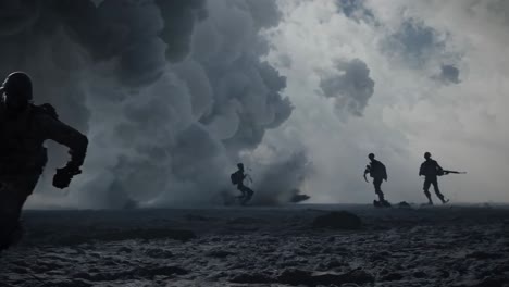 military personnel navigating smoke filled battlefield, confronting explosive chaos while demonstrating camaraderie during intense combat engagement