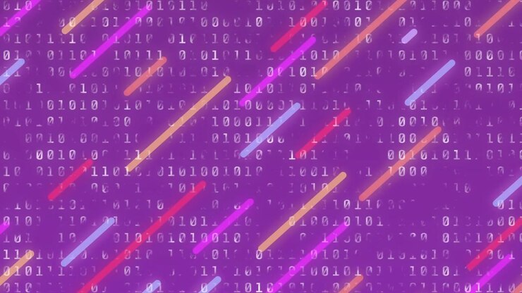 On start, flat design bars drifting diagonally downward over binary backdrop showing streaming data