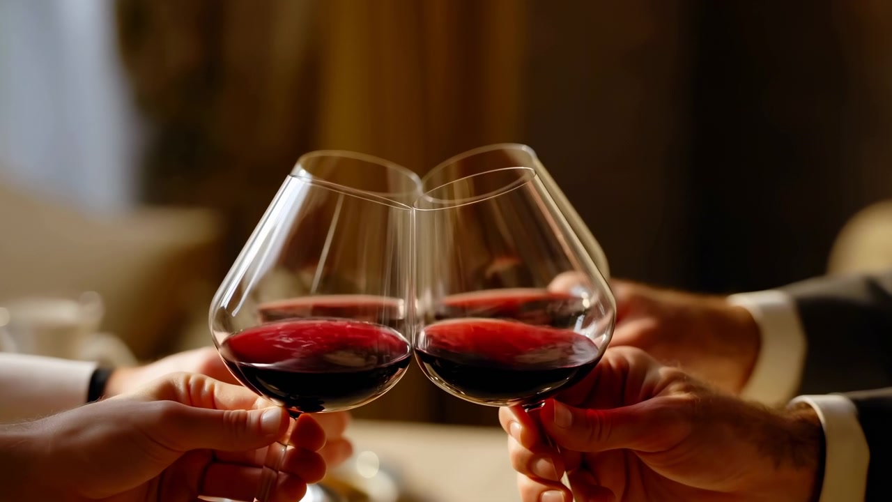 Manos sosteniendo copas de vino alzadas en un brindis en un evento formal, primer plano de manos y copas de vino sobre una mesa de madera y tonos neutros de ropa y fondo, ambiente festivo