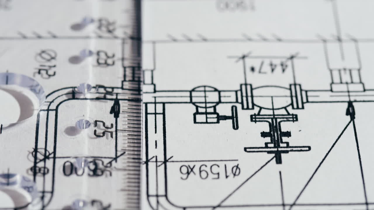 Close-up of Technical Blueprints and Drafting Tools