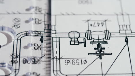close-up of technical blueprints and drafting tools