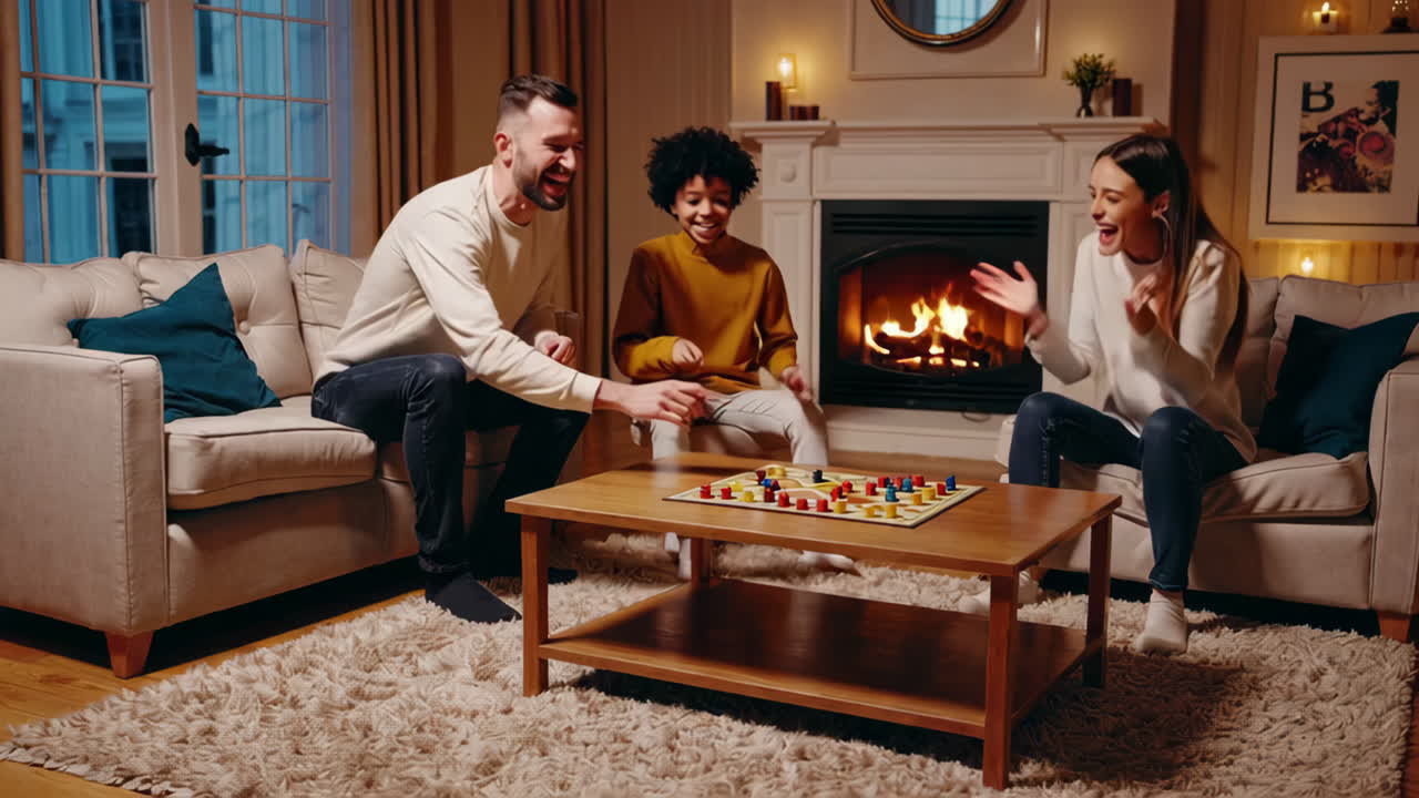 Friends Playing Board Game by the Fireplace