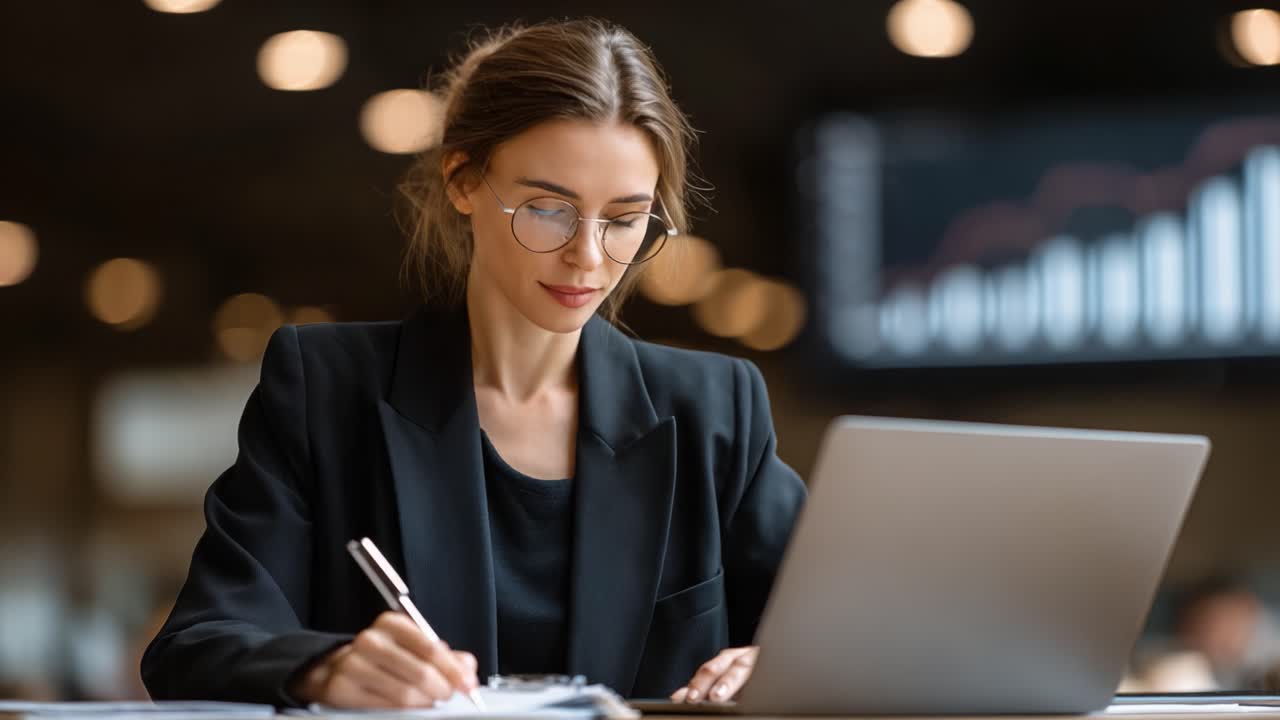 Focused professional woman with glasses diligently working at a laptop, taking notes and analyzing data in a modern workspace with blurred background elements