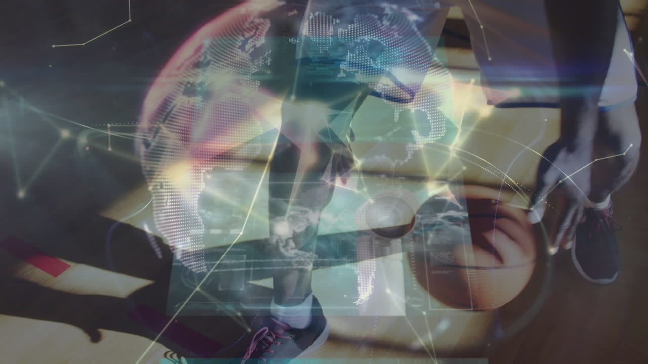 Animation of network of connections over african american male basketball player