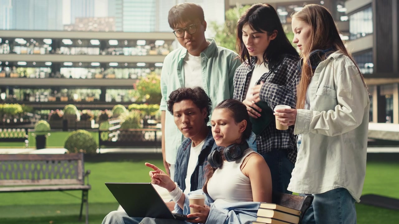 Classmates sitting on campus benches for quiet study with laptop and books,