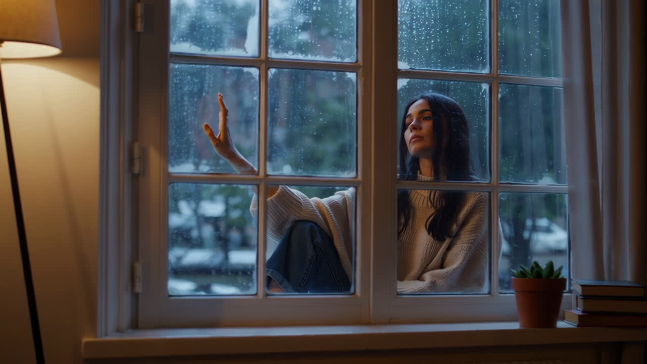 Woman sitting by window on a rainy day