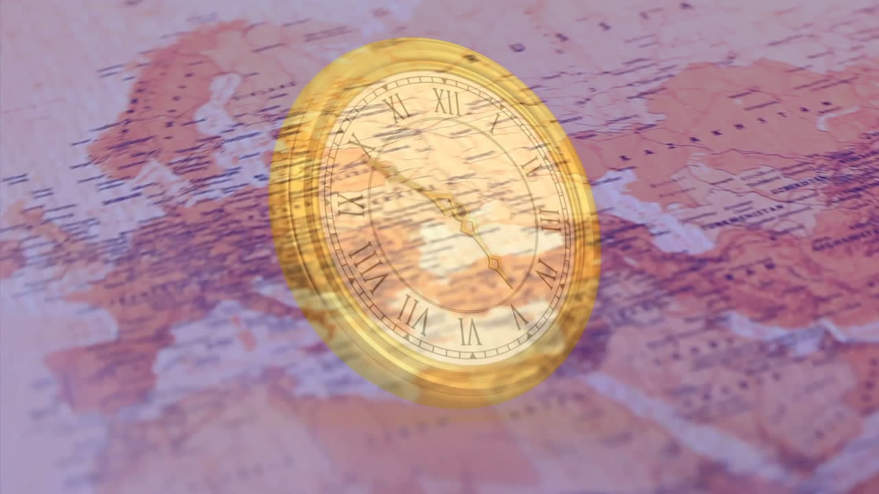 Animazione di un quadrante d'orologio antico sovrapposto a una mappa dell'Europa, che suggerisce un viaggio nel tempo