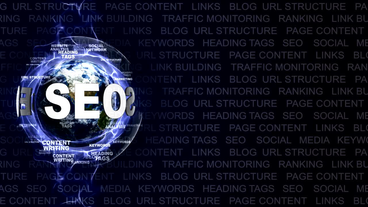 SEO Text Animation and Earth, with Keywords, Loop