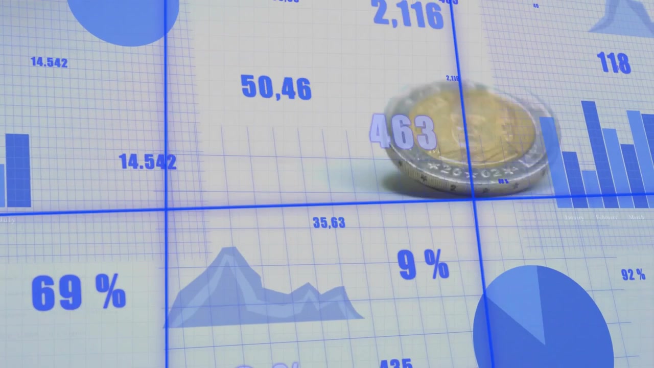 Mønt snurrer hen over gitter, mens blå diagrammer opdateres og visualiserer numerisk dataprogress