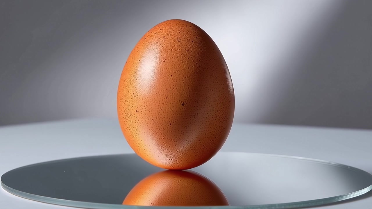 Single Brown Egg Standing on Reflective Mirror Surface