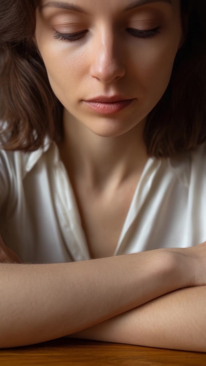 A Reflective Moment: A Woman in Thought, Captured with Intimate Close-Up Frames, Showcasing Calmness and Contemplation in Natural Light
