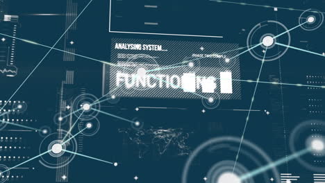Animation of connected dots, graphs, loading bars, texts, computer language on abstract background