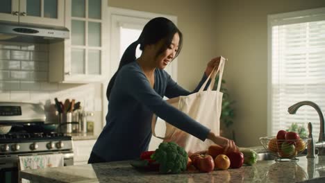 a woman unpacking fresh produce and groceries on a kitchen counter, emphasizing healthy eating and organizing food after a shopping trip