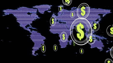 animación de iconos de dólares estadounidenses procesamiento de datos financieros sobre el mapa del mundo